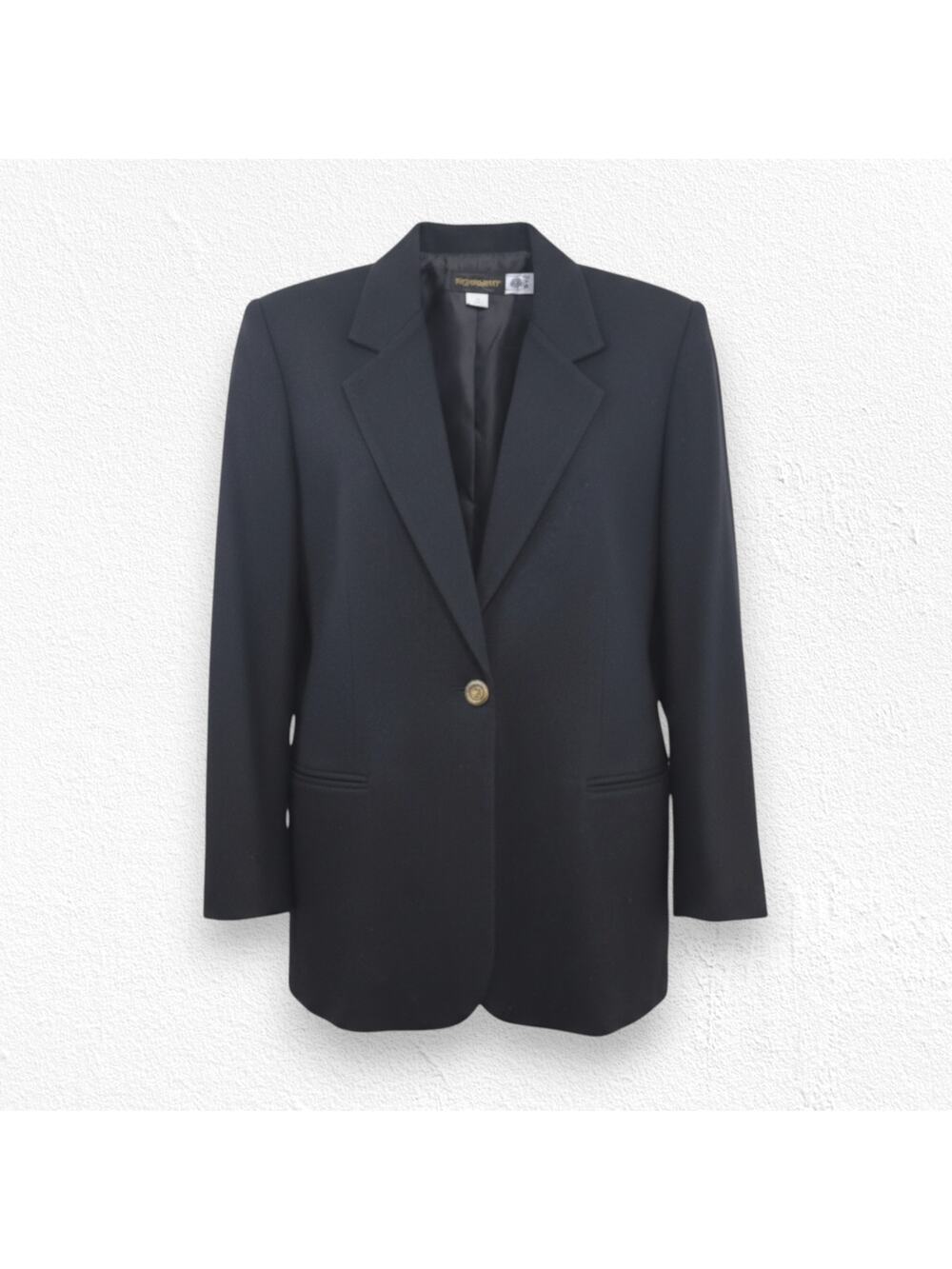 Vintage 90s Black Wool Blazer USA Made Crest Single Button Jacket Size 14